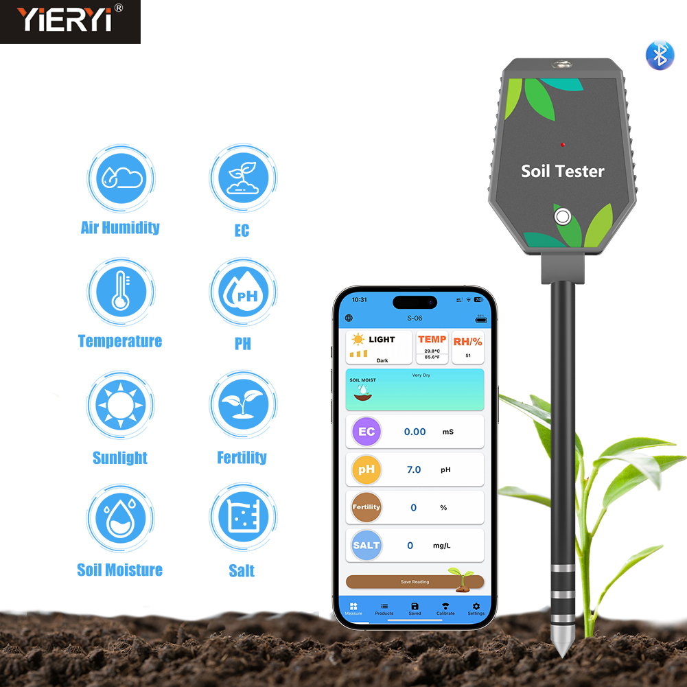 Plant Parent App - Умный тестер почвы Yieryi 8-в-1, pH/соль/EC/плодости/температура,